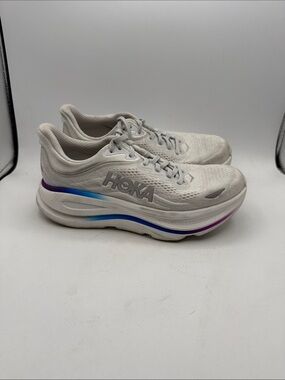 Hoka Bondi 9 Women's 7.5 White Running Shoes with Blue-to-Purple no insoles S12